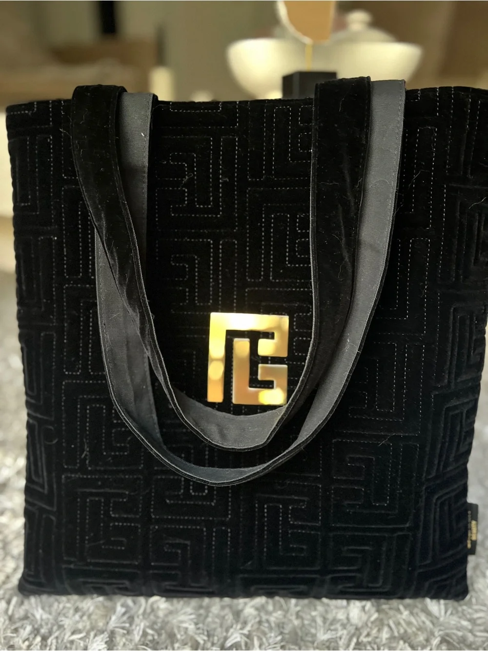 Balmain Black Velvet Tote Bag with Gold Logo